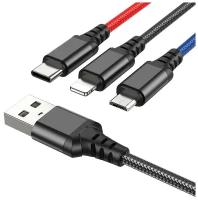 Кабель HOCO X76 3-in-1 Super charging cable(Lightning+Type-C+Micro USB) 1M, 2.0А, black/red/blue