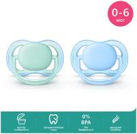 Пустышка силиконовая ортодонтическая Philips AVENT ultra air SCF244/20 0-6 м, 2 шт., голубой/зеленый, 2 шт