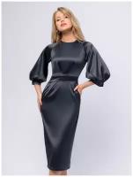 Платье темно-серого цвета длины миди с пышными рукавами, 1001dress, размер 48, 0100271GY14