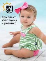 50668, Купальник раздельный для девочек UPF 50+ Happy Baby топ и плавки, повязка на волосы, солнцезащитный, зеленый, ярко-розовый, в полоску, 92-98