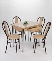 Обеденная группа с 4 стульями, стол с ящиком на хромированных ножках 80х120 Дуб Сонома, стулья Венский бронза