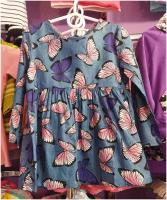 Платье для девочки синее с бабочками. Рамер 90