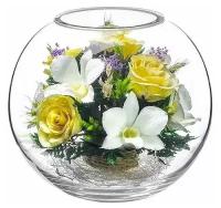 Композиция из натуральных роз и орхидей в подарочной упаковке (15,5х18,5 см/Стабилизированные Цветы в стекле / Подарок к 8 марта
