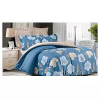 Семейный комплект постельного белья сатин двусторонний синий с крупными цветами