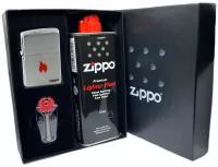 Подарочный набор ZIPPO ( Зажигалка ZIPPO 200 FLAME, серебристая, с покрытием Brushed Chrome + кремни + топливо, 125 мл )