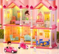 Кукольный дом с освещением мебелью куклами 2 этажа