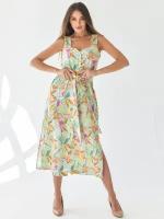 Сарафан лен 100 % летнее платье, длинное, размер 46,зеленый