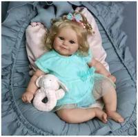 Кукла реборн большая, мягконабивная 60см. Кукла младенец Медди в бирюзовом платье