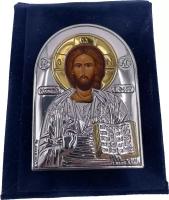 Икона дорожная Христос Спаситель, шелкография, «золотой» декор, «серебро», бархатный чехол 5,5*8 см