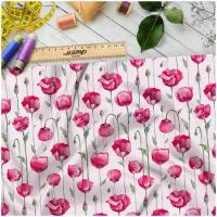 Ткань габардин насыщенные акварельные тюльпаны на розовом фоне (Габардин)