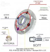 Проставка для дисков 45мм: 4*100 ЦО (dia): 56.1мм / с бортиком / крепёж в комплекте Болты + Футорки M14 * 1.25 применяемость: MINI 4х100 4x100
