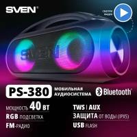 SVEN PS-380, черный, мощность 2x20 Вт (RMS), Waterproof (IPx5), TWS, Bluetooth, FM, USB, встроенный аккумулятор