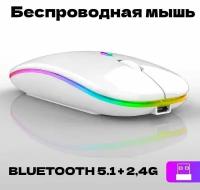 Мышь компьютерная беспроводная с подсветкой, 2 вида подключения bluetooth 5.1 + 2,4G, бесшумная, белая