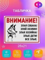 Табличка информационная осторожно злая собака во дворе. ПВХ 3 мм, 28х21 см