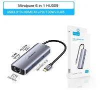 USB-концентратор Хаб Hub 6 в 1 Type-C - USB3.0х3, Type-C(PD100W), HDMI, RJ45 Mindpure HU009