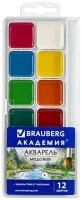 Краски акварельные для рисования Brauberg Академия 12 цветов, медовые, квадратные кюветы, пластиковый пенал, 191805