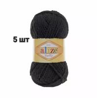 Пряжа для вязания крючком, спицами Alize Ализе плюшевая Softy средняя, микрополиэстер 100%, цвет 60 черный 5 шт. по 50 г, 115 м