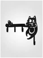 Ключница в прихожую настенная Кот и птичка металлическая вешалка с крючками на стену для ванной и кухни