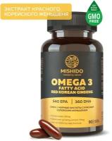 Омега 3 с красным корейским женьшенем MISHIDO, рыбий жир 1000 мг (3000мг) Omega 3, витамины для взрослых, комплекс для иммунитета, сердца и сосудов, репродуктивных функций женщин, мужчин