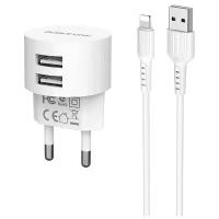 Сетевое зарядное устройство c 2 USB Borofone, BA23A, белое, Lightning