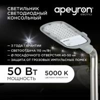 APEYRON св-к св/д консол. уличный 50W(5500lm) 5000K 5K IP65 420x200x70 d=50 сер, 3г. 29-02