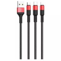 Кабель Hoco X26 Xpress USB - Lightning/MicroUSB/USB Type-C, 1 м, 1 шт., черный/красный