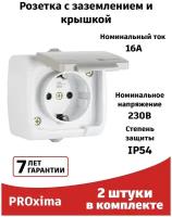 Розетка 1-местная 16А (2штуки) с заземлением с крышкой IP54 EKF PRO серый с защитными шторками