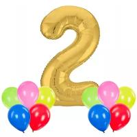 Воздушные гелиевые шары, надутые гелием 10 шаров цвета ассорти и 1 фольгированный шар цвета металлическое золото (цифра 2)