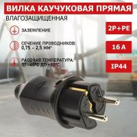 Вилка PROconnect прямая влагозащищенная, 2P+PE, 230 В,16 А, корпус из каучука