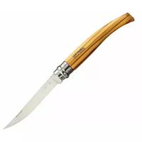 Нож складной филейный Opinel №10 VRI Folding Slim Olivewood в деревянном кейсе и с кожаным чехлом (нержавеющая сталь, рукоять олива, длина клинка 10 см)