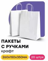 Крафт пакет бумажный, с кручеными ручками 26х15х35 см, 20 шт