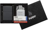 Оригинальный подарочный набор ZIPPO 218-090204: бензиновая зажигалка ZIPPO 218 с покрытием Black Matte и газовый вставной блок с двойным пламенем