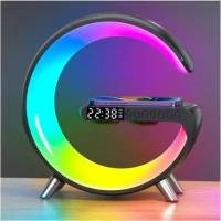 Стильный RGB Ночник Черный с беспроводной зарядкой 15W, часами, будильником и Bluetooth колонкой