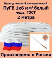 Проводд силовой электрический ПуГВ 1х6 мм2, белый, медь, ГОСТ, 2 метра