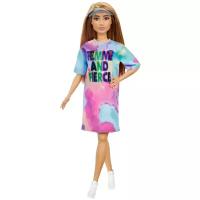 Кукла Barbie Игра с модой, 29 см, FBR37 шатенка в разноцветном платье-футболке