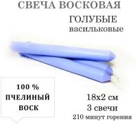 Свеча 18х2 см, голубая-васильковая, из пчелиного воска, 210 минут горения - 3 штуки