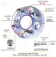 Проставка колёсная 25мм 4*137 ЦО 70 Крепёж в комплекте Гайка + Шпилька М10*1,25 ступичная без бортика для дисков на ступицу 4x137 4х137