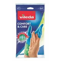 Перчатки Vileda Comfort & Care с кремом для чувствительной кожи, 1 пара, размер S, цвет голубой