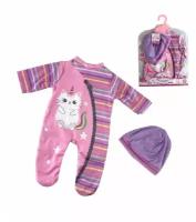 Одежда для куклы пупса ростом 38 - 42 см, розовый комбинезон слип с кошкой единорогом и шапочка