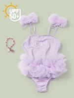 50664, Купальник слитный с юбкой для девочки UPF 50+ Happy Baby на завязках, купальник платье, солнцезащитный, бежевый, белый, 80-86