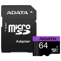 Карта памяти ADATA microSDXC 64 ГБ Class 10, UHS-I U1, R 50 МБ/с, адаптер на SD