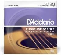 Струны для акустической гитары, фосфорная бронза, 11-52 D'ADDARIO EJ26 PHOSPHOR BRONZE CUSTOM LIGHT 11-52