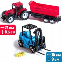 Набор машинок 2 шт: Трактор-тягач с прицепом самосвал (красный) и Погрузчик вилочный с конфетами (синий)