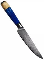 Нож кухонный универсальный 14 см. Ножевая сталь VG-10 дамаск в обкладках. Рукоять дерево-акрил, цвет синий