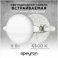 Безрамочная встраиваемая светодиодная панель Apeyron 06-102 / 9Вт (6Вт+3Вт), 230В/50Гц, 770Лм, 6500К, IP20