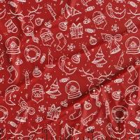 Ткань для шитья атлас с дизайнерским принтом Рождественская на красном, купон 100х150 см, плотность 165 г. м2