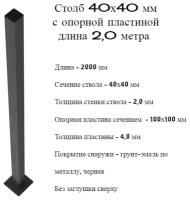 Столб 40х40 длина 2,0 метра с пластиной, квадратный, черный для забора