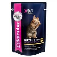 Влажный корм для котят Eukanuba Kitten Healthy Start, для здоровья кожи и блеска шерсти, c курицей, 8 шт. х 85 г (кусочки в соусе)