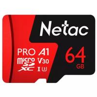 Карта памяти Netac microSDXC 64 ГБ Class 10, V30, A1, UHS-I U3, R 100 МБ/с, 1 шт., черный/красный