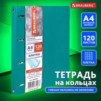 Тетрадь на кольцах со сменным блоком для учебы Большая, А4 (240х310 мм), 120 листов под кожу, клетка, Brauberg Joy, бирюзовый, 404507